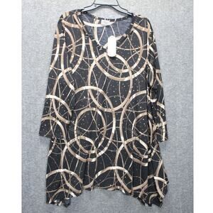 Jostar Tunic V Neck Top 2X 3/4 Sleeve Printed Asymmetric Hem Black Gold New
